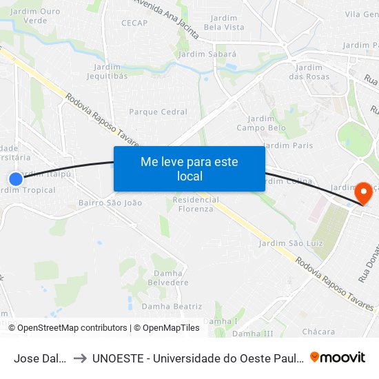 Jose Dalefi to UNOESTE - Universidade do Oeste Paulista map