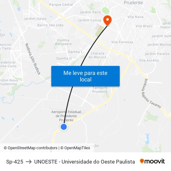 Sp-425 to UNOESTE - Universidade do Oeste Paulista map