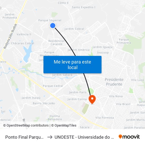 Ponto Final Parque Imperial to UNOESTE - Universidade do Oeste Paulista map
