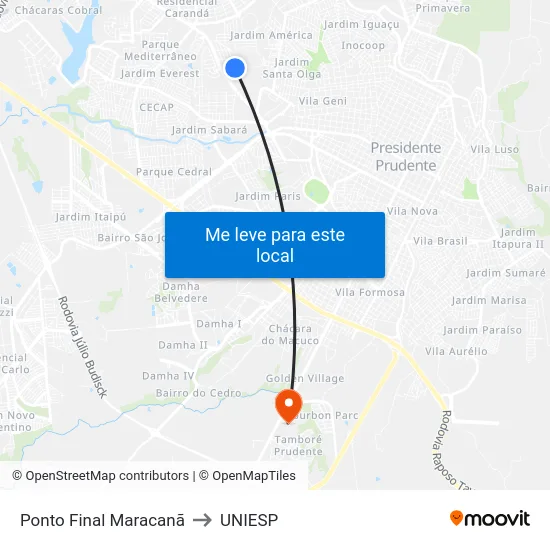 Ponto Final Maracanã to UNIESP map