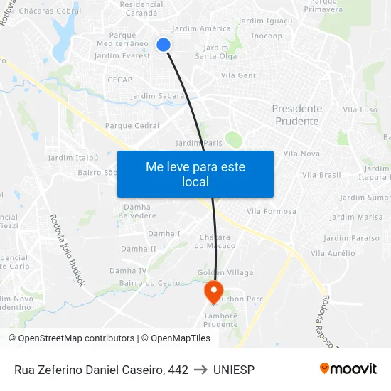 Rua Zeferino Daniel Caseiro, 442 to UNIESP map