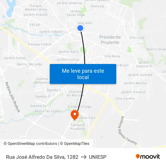 Rua José Alfredo Da Silva, 1282 to UNIESP map