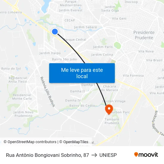 Rua Antônio Bongiovani Sobrinho, 87 to UNIESP map