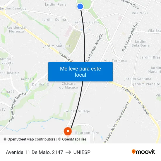 Avenida 11 De Maio, 2147 to UNIESP map