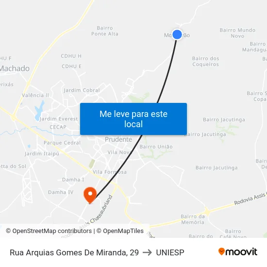 Rua Arquias Gomes De Miranda, 29 to UNIESP map