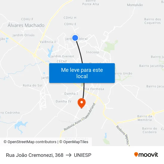 Rua João Cremonezi, 368 to UNIESP map