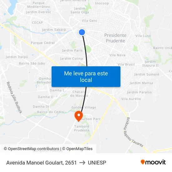 Avenida Manoel Goulart, 2651 to UNIESP map