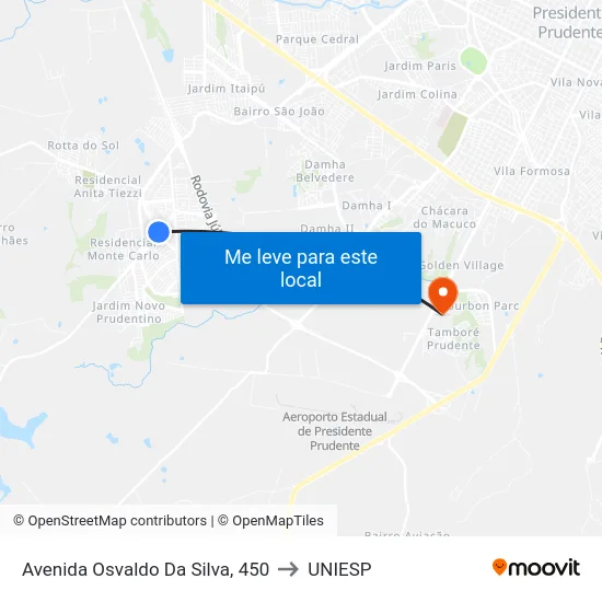 Avenida Osvaldo Da Silva, 450 to UNIESP map