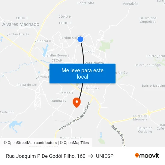 Rua Joaquim P De Godói Filho, 160 to UNIESP map