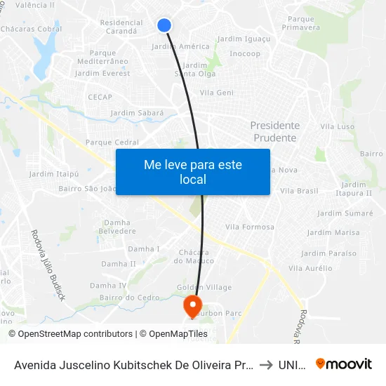 Avenida Juscelino Kubitschek De Oliveira Presidente, 4383 to UNIESP map