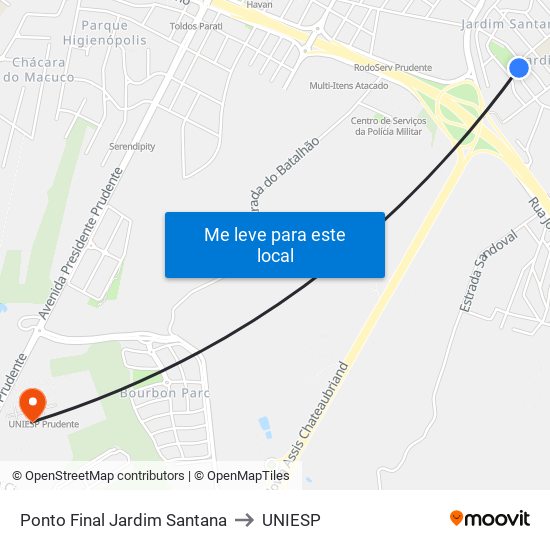 Ponto Final Jardim Santana to UNIESP map