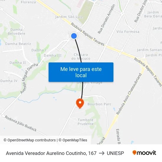 Avenida Vereador Aurelino Coutinho, 167 to UNIESP map