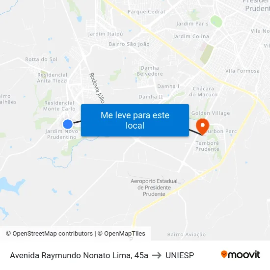 Avenida Raymundo Nonato Lima, 45a to UNIESP map