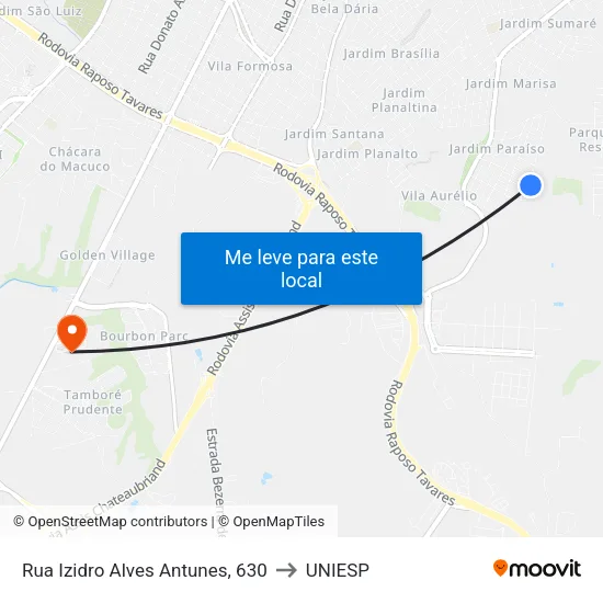 Rua Izidro Alves Antunes, 630 to UNIESP map