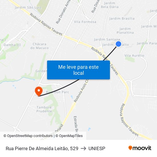 Rua Pierre De Almeida Leitão, 529 to UNIESP map