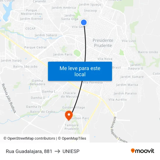 Rua Guadalajara, 881 to UNIESP map