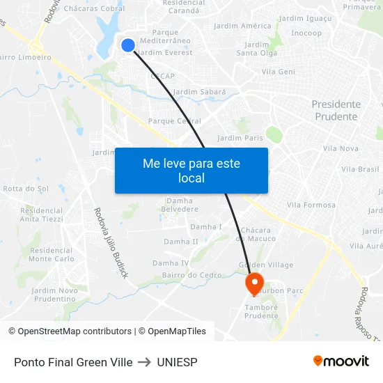 Ponto Final Green Ville to UNIESP map