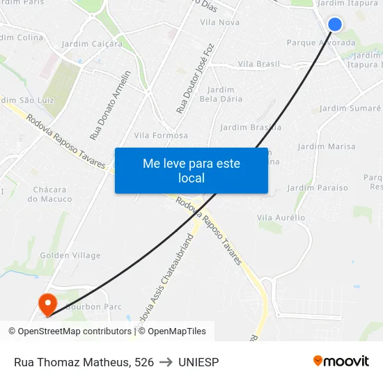 Rua Thomaz Matheus, 526 to UNIESP map