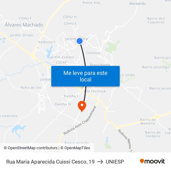 Rua Maria Aparecida Cuissi Cesco, 19 to UNIESP map
