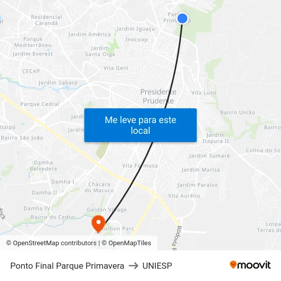 Ponto Final Parque Primavera to UNIESP map