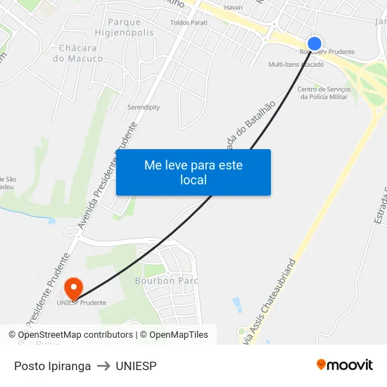 Posto Ipiranga to UNIESP map