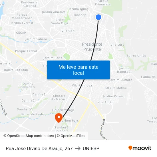 Rua José Divino De Araújo, 267 to UNIESP map