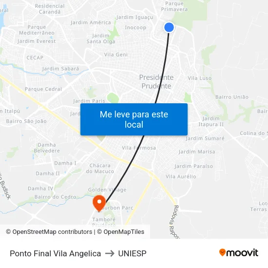 Ponto Final Vila Angelica to UNIESP map