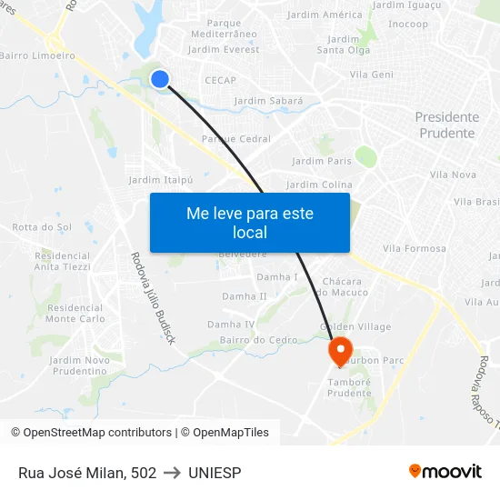 Rua José Milan, 502 to UNIESP map