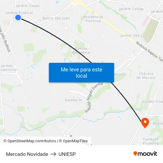 Mercado Novidade to UNIESP map