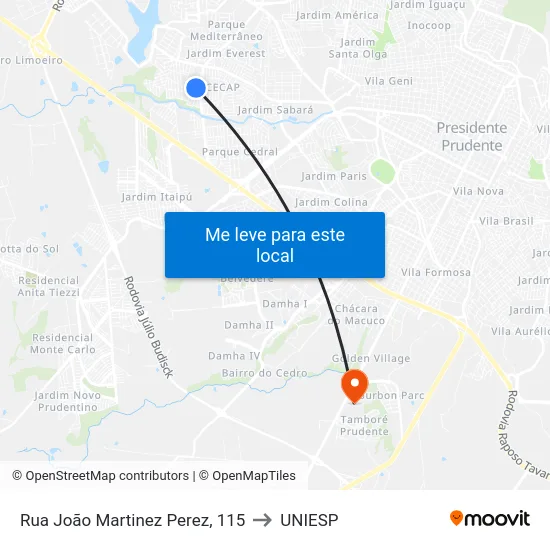 Rua João Martinez Perez, 115 to UNIESP map