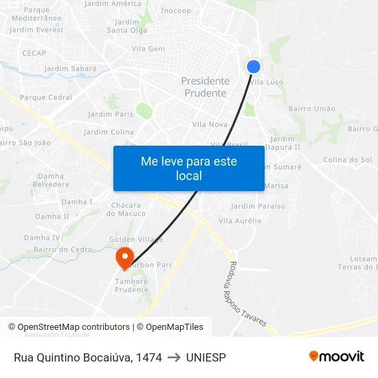 Rua Quintino Bocaiúva, 1474 to UNIESP map