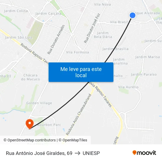 Rua Antônio José Giraldes, 69 to UNIESP map