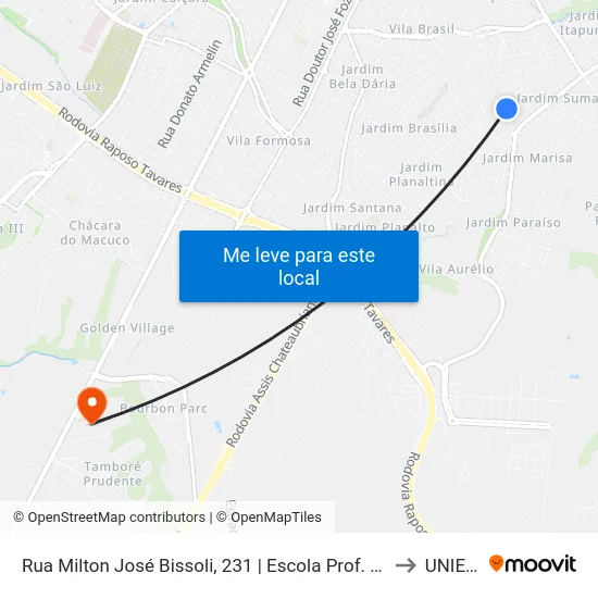 Rua Milton José Bissoli, 231 | Escola Prof. Placídio to UNIESP map
