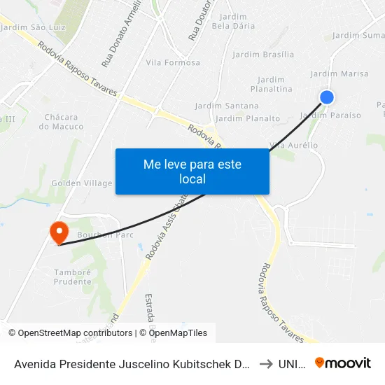 Avenida Presidente Juscelino Kubitschek De Oliveira, 14221 to UNIESP map