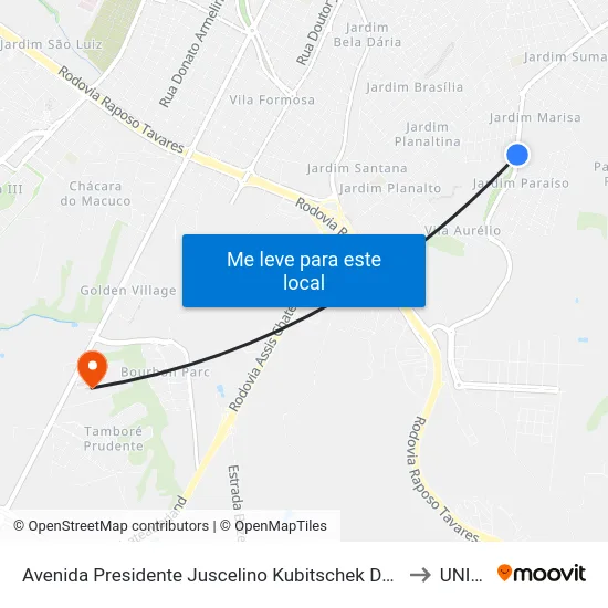 Avenida Presidente Juscelino Kubitschek De Oliveira, 14221 to UNIESP map