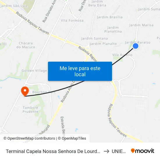 Terminal Capela Nossa Senhora De Lourdes to UNIESP map