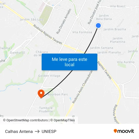 Calhas Antena to UNIESP map