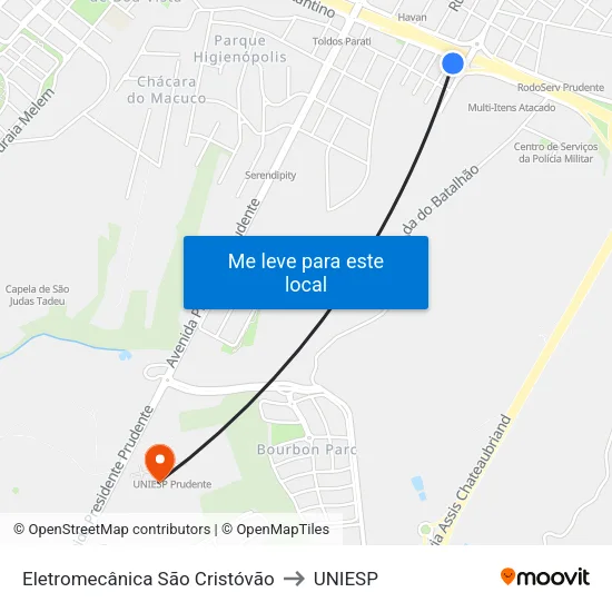 Eletromecânica São Cristóvão to UNIESP map