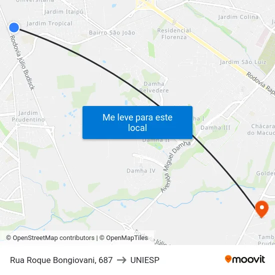 Rua Roque Bongiovani, 687 to UNIESP map