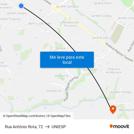 Rua Antônio Rota, 72 to UNIESP map