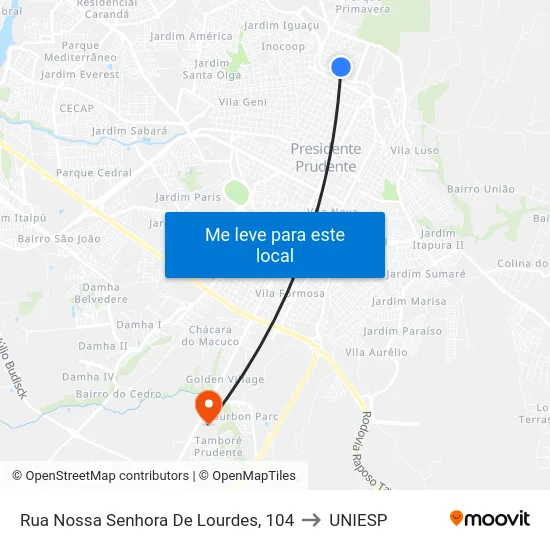 Rua Nossa Senhora De Lourdes, 104 to UNIESP map
