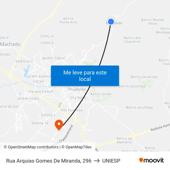 Rua Arquias Gomes De Miranda, 296 to UNIESP map