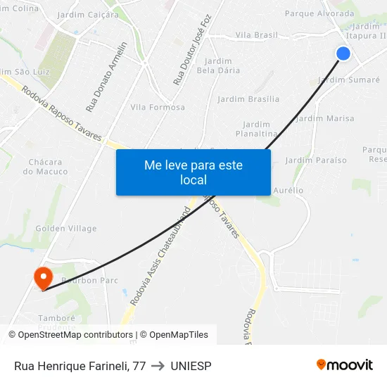Rua Henrique Farineli, 77 to UNIESP map