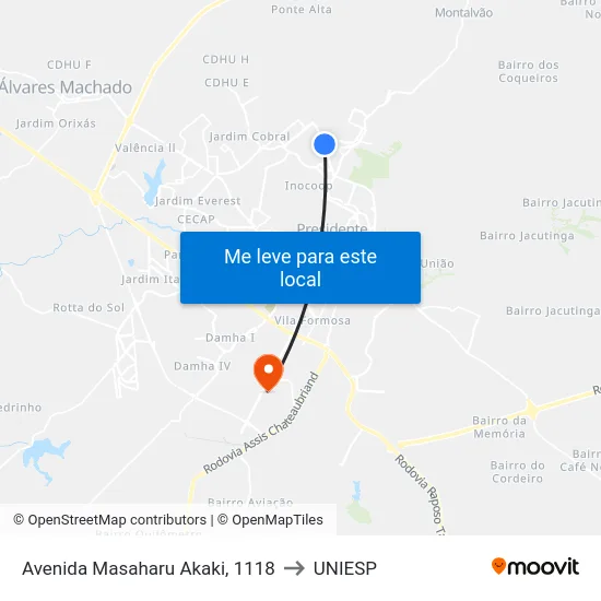 Avenida Masaharu Akaki, 1118 to UNIESP map