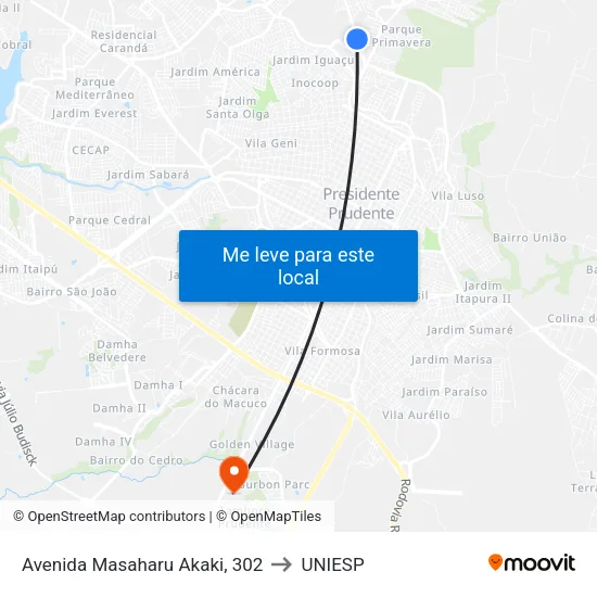 Avenida Masaharu Akaki, 302 to UNIESP map