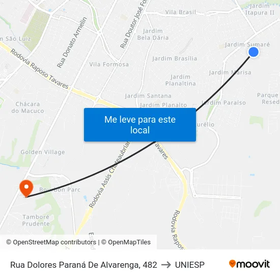 Rua Dolores Paraná De Alvarenga, 482 to UNIESP map