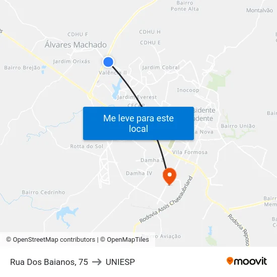 Rua Dos Baianos, 75 to UNIESP map