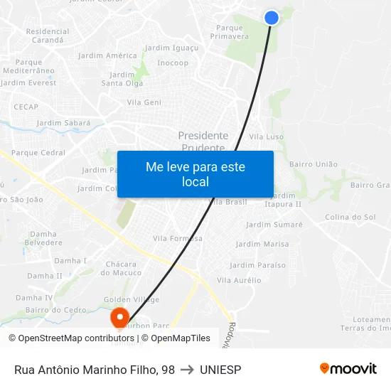 Rua Antônio Marinho Filho, 98 to UNIESP map