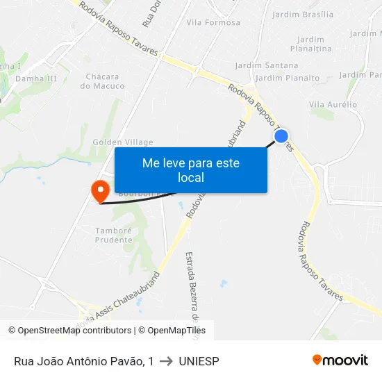 Rua João Antônio Pavão, 1 to UNIESP map