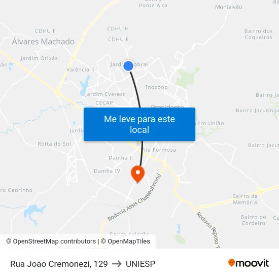 Rua João Cremonezi, 129 to UNIESP map